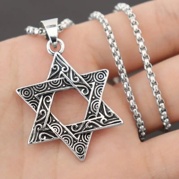 Vintage style Engraved Six Point Star of David Hexagon Pendant Necklace Jewelry - Picture 3 of 5